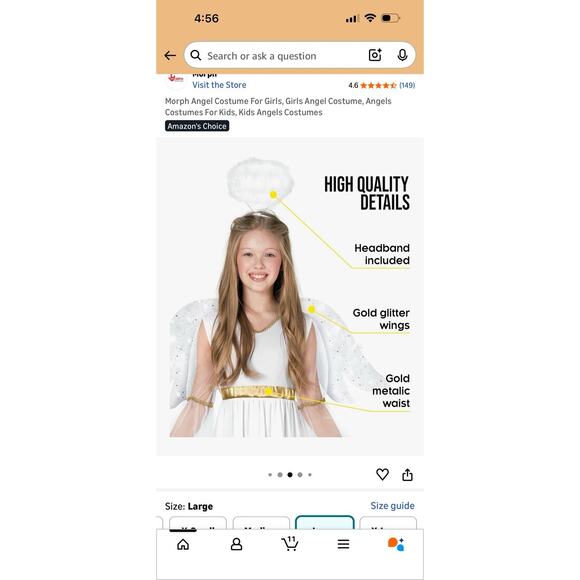 Morph Angel Costume Girls Size Large 10–12 White Dress Wings Halo – NEW - Picture 4 of 8